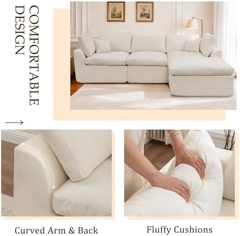 Korser 110" Cloud Sectional Couches for Living Room, Modern Modular Sectional Sofa with Ottoman, Boneless Cloud Couch with Comfy Deep Seats, Fluffy Chenille L-Shape Sofa Couch for Living Room, Beige
