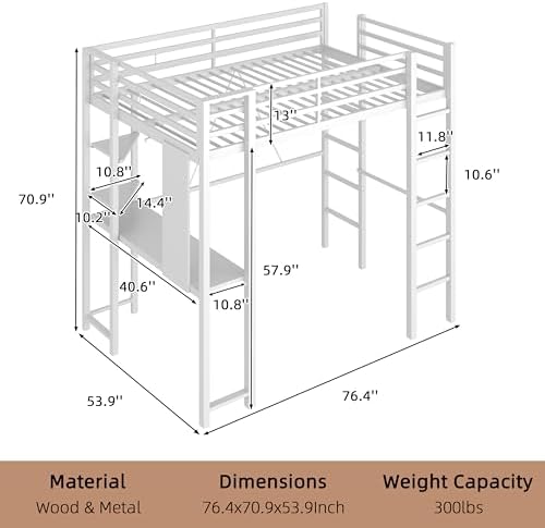 Nuturelly Full Size Loft Bed with Desk, 13" Guardrails, Noise-Free, White