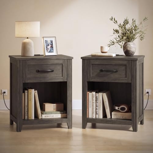 VASAGLE Farmhouse Nightstand with Charging Station, Drawer, Set of 2