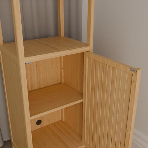 41" Tall Bamboo Storage Cabinet, Slim Freestanding Floor Organizer with Single Door & Open Shelf, Narrow Linen Tower for Bathroom, Bedroom, Kitchen, Laundry Room, Pantry, Small Space Storage Solution