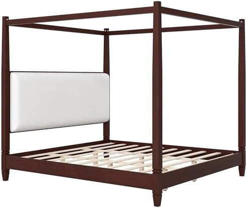 King Size Wood Canopy Bed Frame, Espresso Vintage Four-Posters Platform Bed