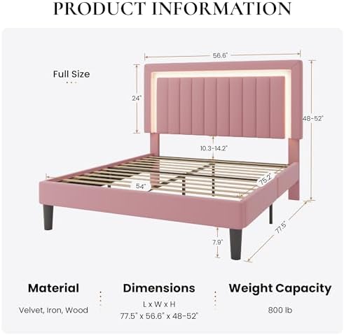 SHA CERLIN Full Size Velvet Bed Frame with LED Light, Pink