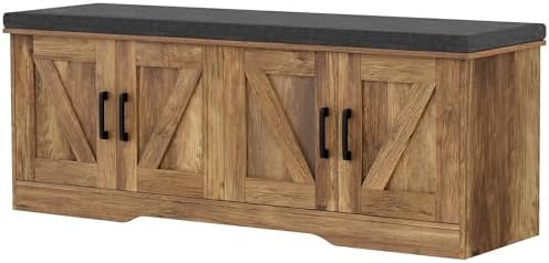 HOMSHO Farmhouse Shoe Storage Bench with 4 Barn Doors & Padded Seat Cushion