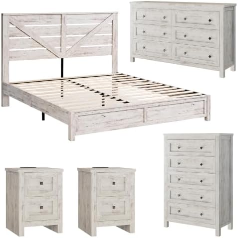 AMERLIFE 5-Piece Farmhouse Bedroom Set, Full Bed Frame & Dresser, White