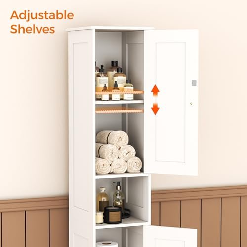 Homleke Tall Bathroom Storage Cabinet with 2 Doors, Slim Bathroom Cabinet | Narrow Storage Cabinet with Adjustable Shelves, Reversible Door, Easy Assembly, for Bathroom, Living Room, White, 11.8''W