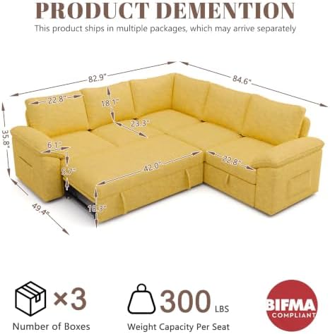 85'' Modular Sectional Sofa with Pull Out Bed, Sleeper Sofa, Yellow