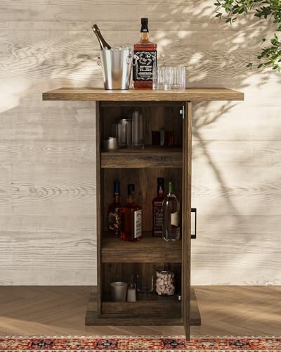 LITTLE TREE Bar Table with Storage Cabinet, 39.4" H Square High Top Pub Table, Wood Bistro Cocktail Table, Farmhouse Design with 3-Tier Cabinet for Pub, Bistro, Bar, Coffee, Dining Rustic Brown