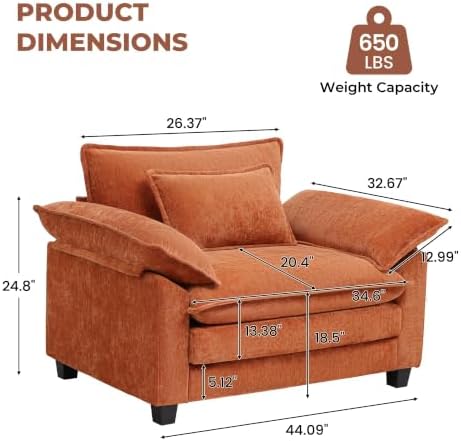 Oversized Accent Chair for Living Room,44" Chenille Upholstered Armchair with Extra Thicked,Modern Cloud Sofa Chair,Comfy Reading Chair Side Chair for Bedroom Apartment Terracotta Orange