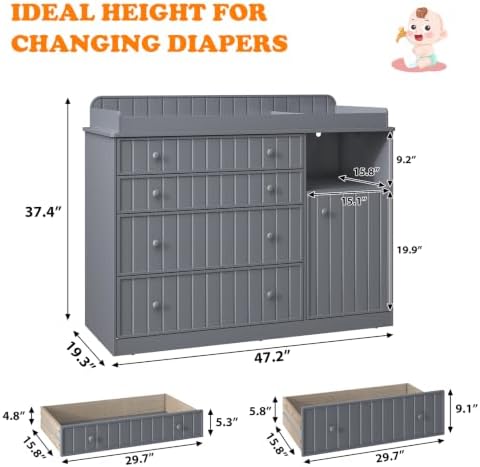 Grey Changing Table Dresser with 4 Drawers, Baby Nursery Diaper Table