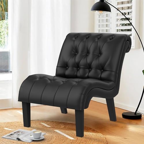 Faux Leather Accent Chair, Mid Century Modern Armless Chair Black
