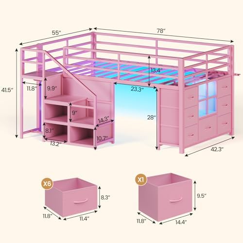 BTHFST Low Loft Bed Twin Size with Stairs,LED Lights,7 Large Drawers, Pink