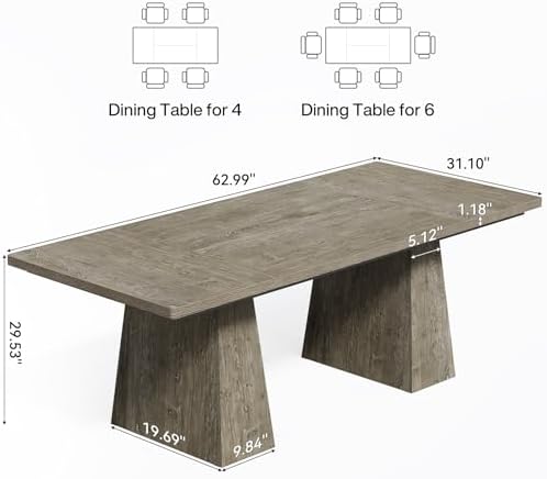 LITTLE TREE Dining Table for 6 People, Wooden Table, Rectangle Furniture with Heavy Duty Legs, Modern Kitchen Table for Home, Dining Room, Grey