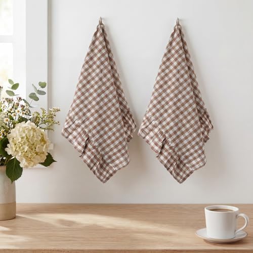 HunnmingRe 2 Pcs Taupe Gingham Kitchen Towels Cotton Ruffled