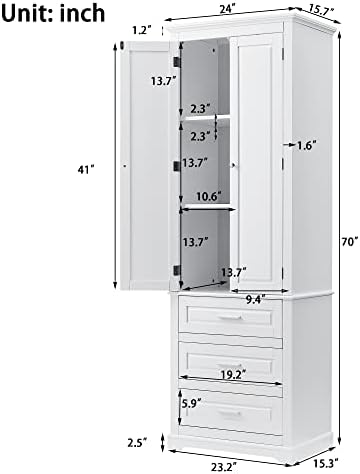Polibi Tall Storage Cabinet with 3 Drawers, 3-Tier Adjustable Shelves & 2 Doors, Floor Freestanding Linen Cabinet for Bathroom, Living Room (White)