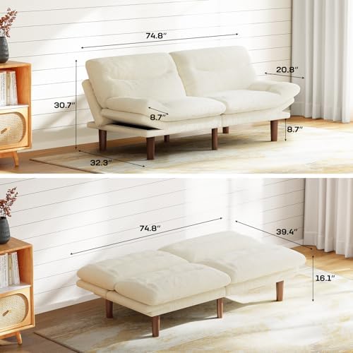 Marsail 75" Futon Sofa Bed, Convertible Sleeper Couch Loveseat, White