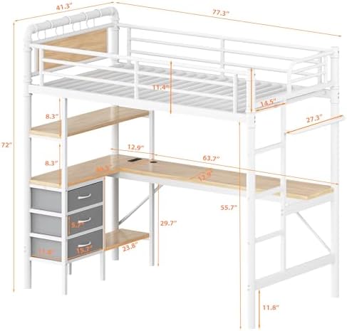 Jocoevol Twin Size Loft Bed with L-Shaped Desk, LED Lights,Charging Station, Industrial Heavy Duty Metal Loft Bed Frame with 3 Storage Shelves and 3 Fabric Drawers, Safety Guard & Ladder, White