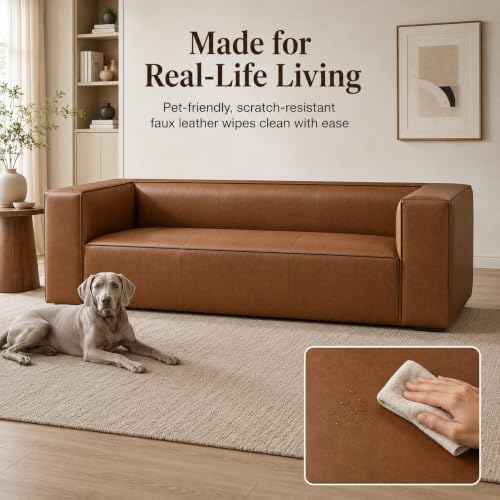 90.94-Inch Cognac Tan Faux Leather Sofa, Modern 3-Seater Couch