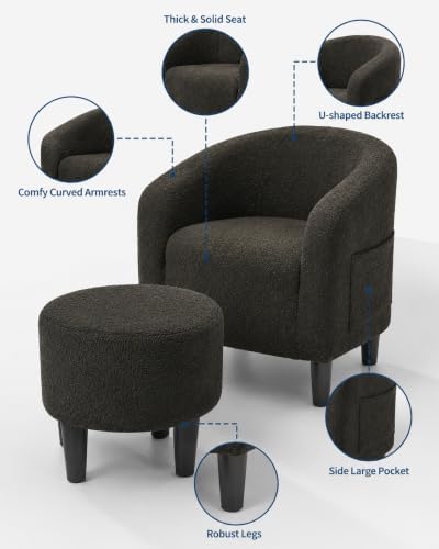 GarveeHome Accent Chair with Ottoman, Boucle Barrel Armchair, Modern Club Chair with Stool for Bedroom Reading Room, Stylish Corner Chair, Black