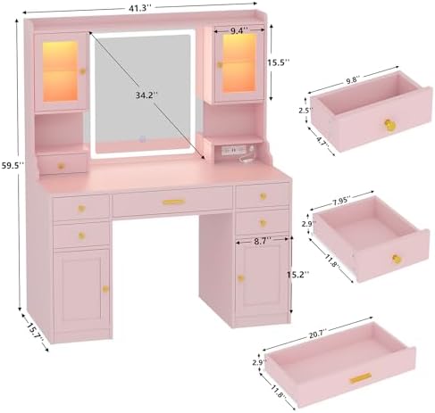 CSZZD Pink Makeup Vanity Desk with Lighted Mirror & RGB Storage Cabinets | 3 Colors Vanity Table Set with Power Outlet & 6 Drawers, Large Dressing Table with Open Storage Shelves for Bedroom