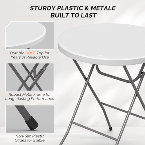 VINGLI 32" Plastic Folding Round Table Bar Height, HDPE Matrial with Gray Metal Finish, High Top Table for Outdoor Party, Cafes, Restaurants, Backyard, Dining Room, Wedding Event,1 Pack, White