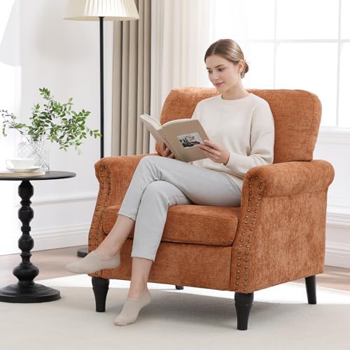 Accent Chair for Living Room, Modern Mid Century Reading Chair Armchair High Back Upholstered Armchair with Wooden Legs for Living Room Bedroom Office (Orange, 2pcs)