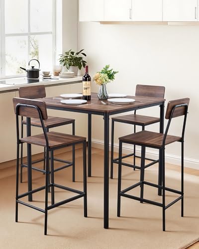 VEVOR Bar Table and Chairs Set, 5PCS 35″ Bars Tables Set with Rounded Edge Design, Square Pub Table with Four Stools for Living Room, Dining Room, Kitchen, Walnut Color, Black
