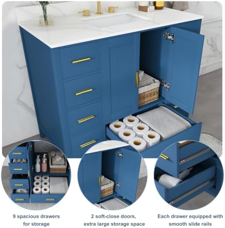 Montary 42" Bathroom Vanity with Sink & 43" Carrara Quartz Top | with 3 Pre-Drilled Faucet Holes, Solid Wood Cabinet, Soft-Close Double Doors & 9 Smooth-Glide Drawers,Blue