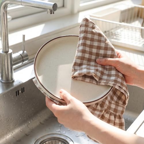 HunnmingRe 4 Pcs Taupe Gingham Kitchen Towels Cotton Ruffled