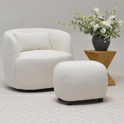 KINWELL 34" Wide 2 Boucle Swivel Barrel Chairs and 2 Ottomans Set, Beige