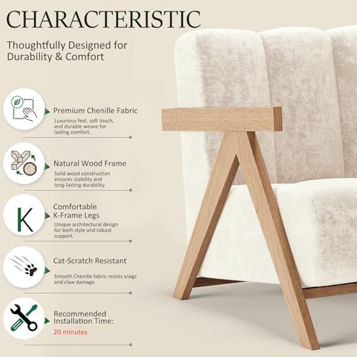 Modern Accent Chair Set of 2 for Living Room Bedroom,Comfy Chenille Reading Chair with Wood Frame,Upholstered Lounge Armchair with Thick High-Elastic Sponge for Apartment & Waiting Room(White,2)