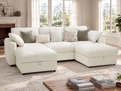 Ihanherry Oversized Cloud Sectional Couches for Living Room, Modular Sectional Sofa with Wide Deep Seat, Coner Couch with Throw Pillow and Storage Ottoman, Beige