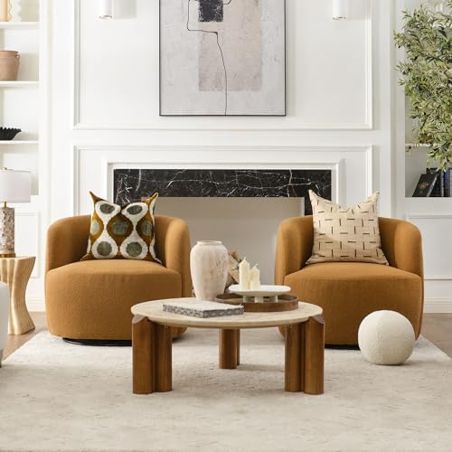 KINWELL 34" W Boucle Swivel Barrel Chairs with Pillow Set of 2, Brown