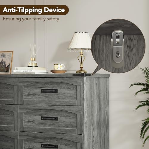 Decofy 47" Farmhouse 6-Drawer Dresser for Bedroom, Grey
