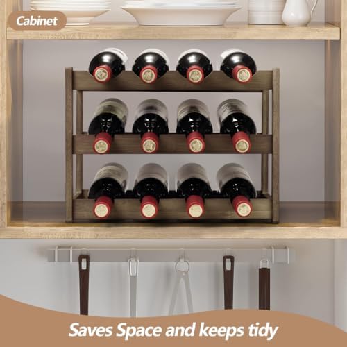 Bamboo Wine Rack, Sturdy and Durable Wine Storage Cabinet Shelf, Wine Racks Countertop for Pantry - 3 Tiers 12 Bottle Wine Rack, Moca