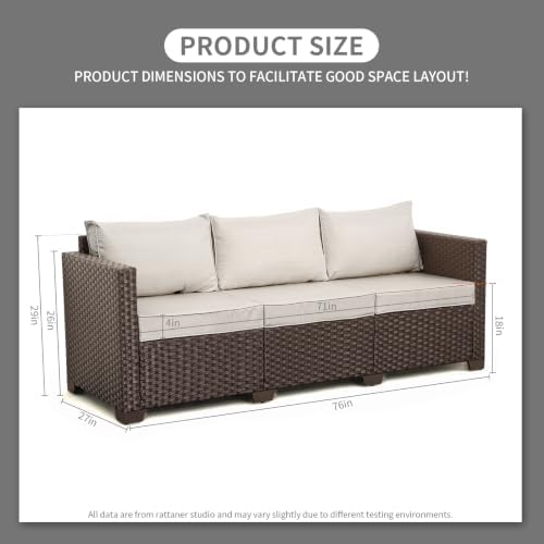 Rattaner 3-seat Patio Sofa Outdoor Furniture Brown Wicker Outdoor Couch Deep Seat High Backrest with Anti-Slip Cushions with Waterproof Cover, Beige