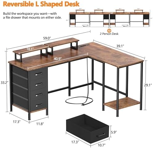 Korfile 59 inch L Shaped Computer Desk with Power Outlets, Rustic Brown