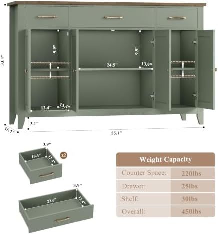 HORSTORS 55" W Buffet Cabinet with Storage, Kitchen Storage Cabinet, Green