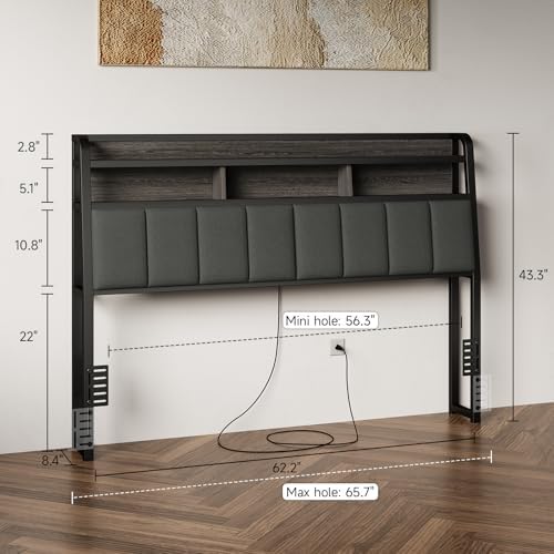 Queen Headboard Only with Storage, Charging Station, Black & Grey