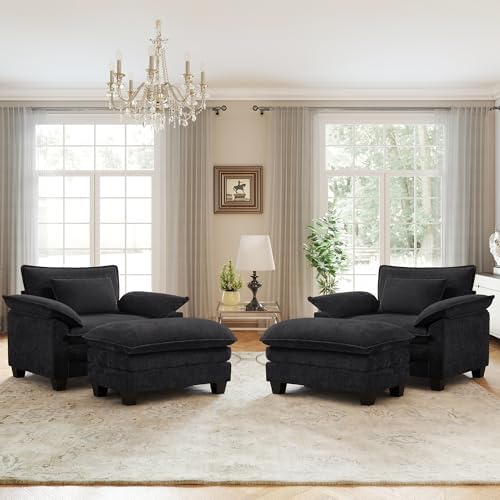 Oversized Accent Chair with Ottoman Set of 2,44"Chenille Cloud Sofa Chair with Deep Seat,Upholstered Armchair with Extra Thick,Modern Comfy Reading Chairs for Living Room Bedroom Apartment Black
