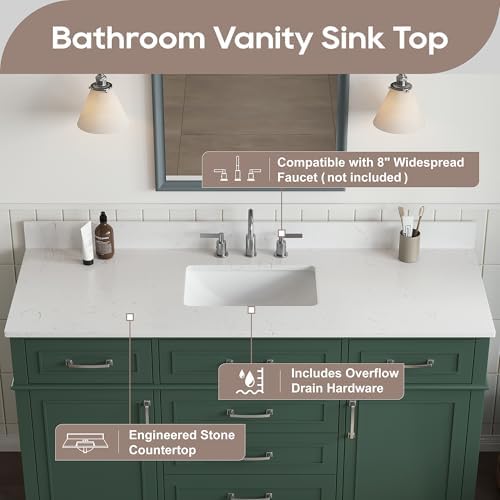 60 Inch Bathroom Vanity Single Sink, Solid Wood, Green | Pre Assembled Freestanding Bathroom Vanities with with 2 Soft Close Doors & 5 Dovetail Drawers, 0.78" Stone Top, Backsplash