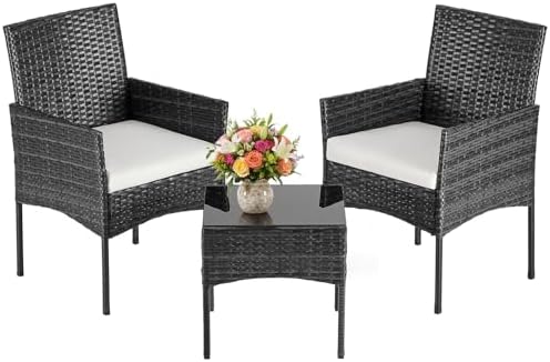 DUMOS Patio Furniture Set 3-Piece, Outdoor Wicker Bistro Set, Black