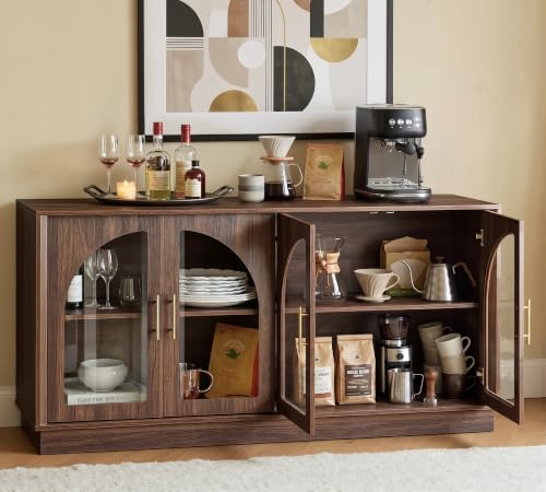 FORTUNETEC 64" Sideboard Buffet Cabinet with Arched Glass Doors,Dark Walnut