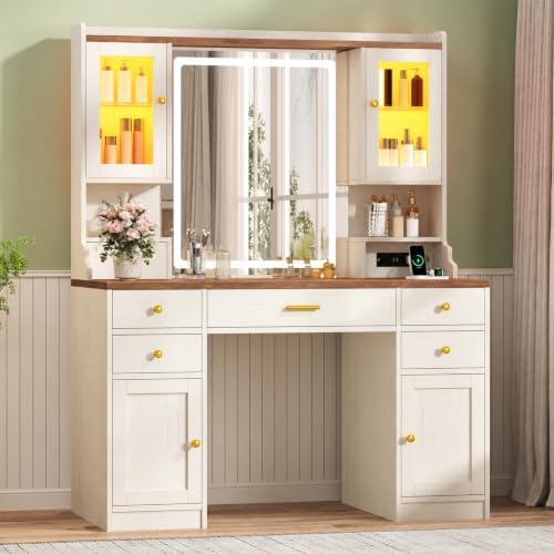 CSZZD Farmhouse Makeup Vanity Desk with Lighted Mirror and RGB Cabinets | Large Vanity Table with Type-C & USB Charging Station, Adjustable 3 Mode Lights Vanity Desk with 6 Drawers & Storage Shelves