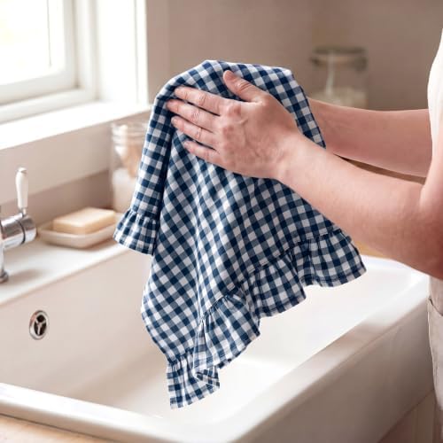 HunnmingRe 2 Pcs Navy Blue Gingham Kitchen Towels Cotton Ruffled