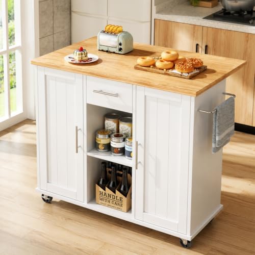 JY QAQA 42" Rolling Kitchen Island Cart with Storage, Drop Leaf Countertop, Drawers & Towel Rack, Mobile Kitchen Table on Wheels for Kitchen Dining Room, White
