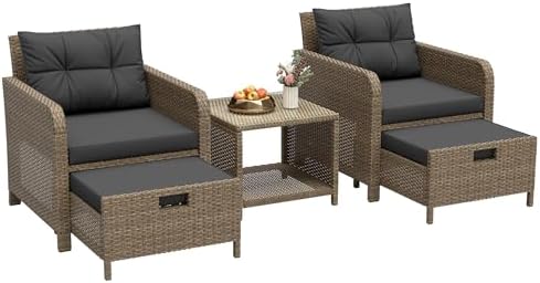LHBcraft 5 Piece Patio Furniture Set, PE Wicker Outdoor Furniture Set with Soft Cushions & Coffee Table, Outdoor Lounge Chairs with Ottoman for Porch, Lawn, Balcony, Sand-Black
