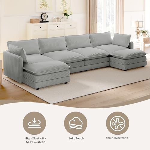 ROWHY 148'' Modular Sectional Cloud Couch with 2 Movable Ottomans, Oversized 6 Seat Modern Corduroy Sofas, Deep Seat U Shaped Couch for Living Room Bedroom Apartment, Light Grey