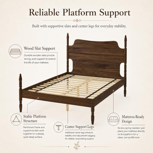 Queen Farmhouse Wood Platform Bed Frame with Headboard, Walnut Poster Bed