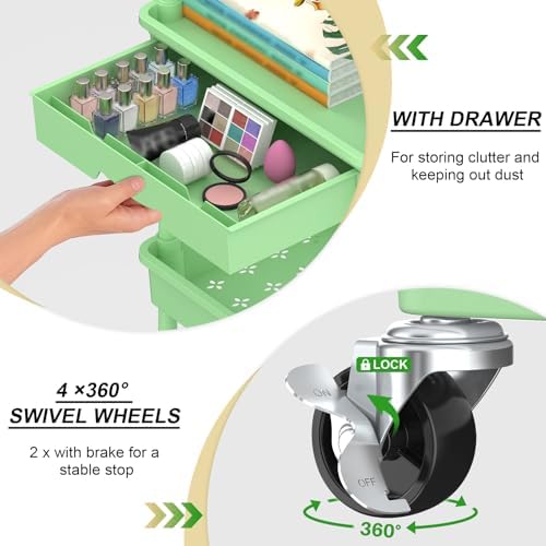 Goovilla 3 Tier Rolling Utility Cart Organizer with Removable Drawer, Green