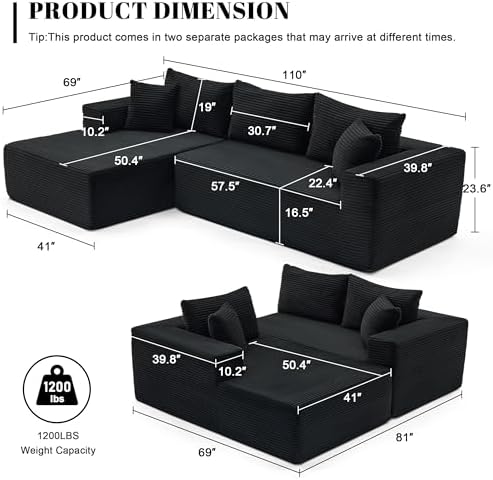 Mangodan 110” Boneless Couch, Cloud Sectional Sofa for Living Room, Black